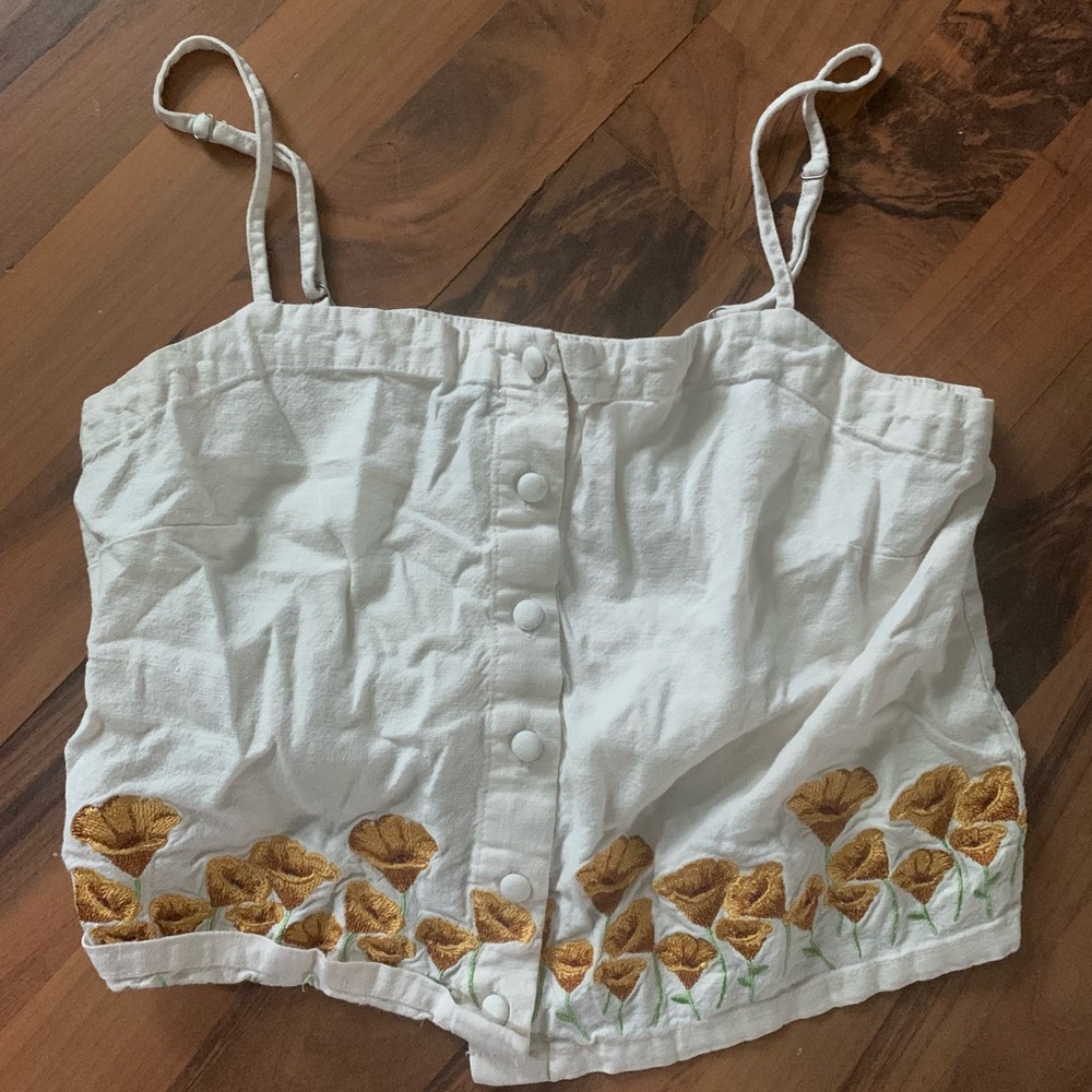 Embroidered linen crop button down cami